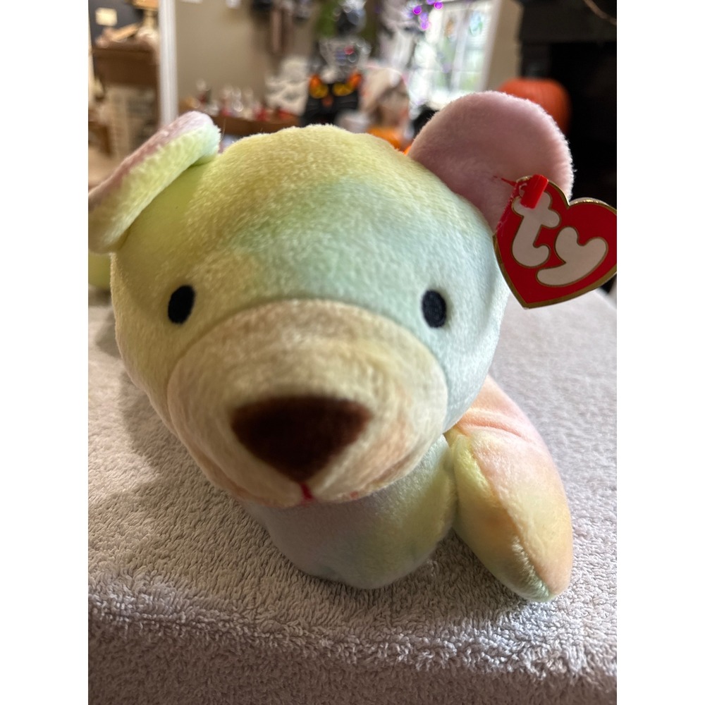Ty Pillow Pals Sherbet Bear Pastel Tie Dye Plush Yellow Ribbon 1999 12 Inch
